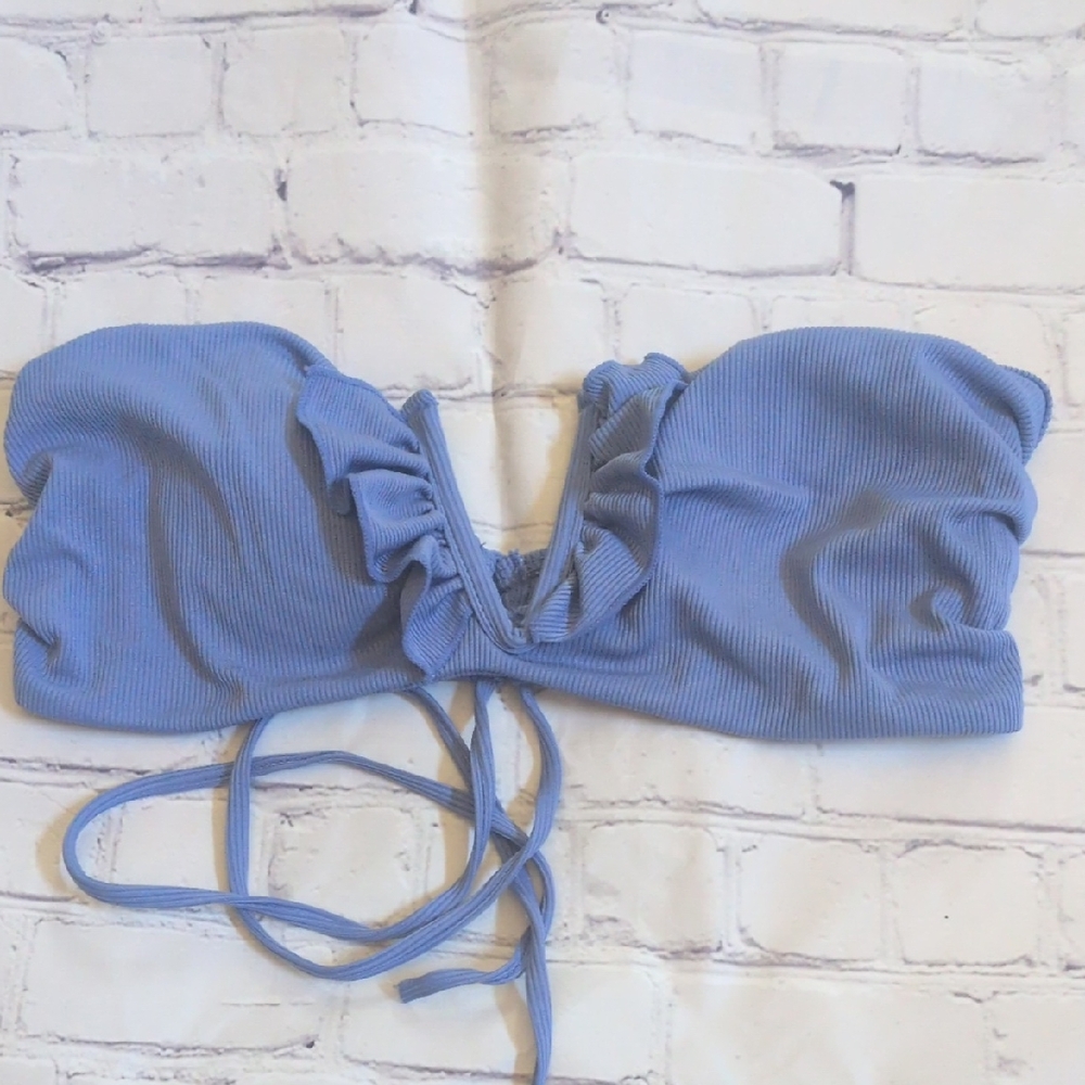 Blue Ruffled Bandeau Swim Top, L, EUC